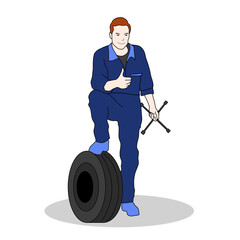 Mechanic resting his foot on car tire illustration