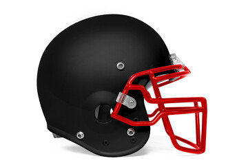 A side view of a black & red American football helmet with a transparent background. 