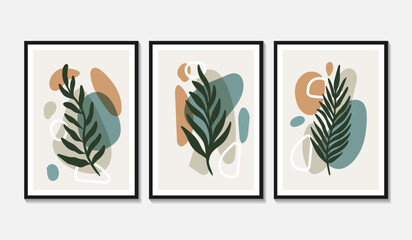 Set of trendy minimalist botanical vector illustration as abstract line art composition with leaves, ideal for art gallery, modern wall art poster, minimal interior design