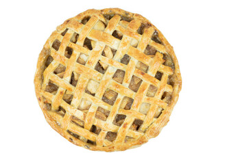 Baked apple pie with trellis decoration on a white background.