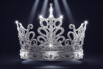 Beautiful queen or king silver crown on dark background. Fantasy medieval key visuals.