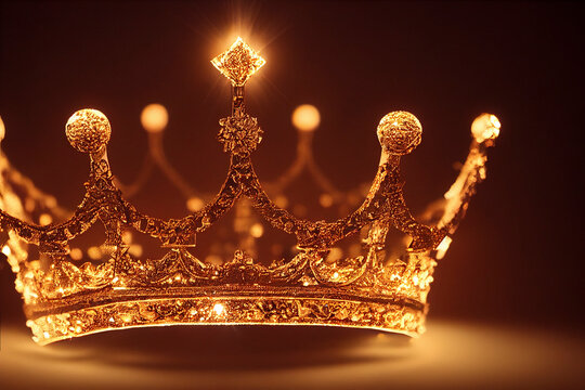 Beautiful queen or king gold crown on dark background. Fantasy medieval key visuals.