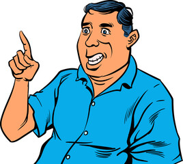 A man with a cheerful smile pointing up. Pop art hand drawn style design illustrations transparent background.