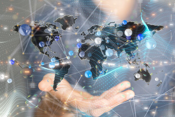 abstract lines with dots over dark background.