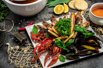 seafood set. A plate full of cooked shrimp, fish, crayfish, mussels. banner, menu, recipe place for text, top view