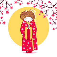 Young woman wearing Japanese kimono and sakura flowers trees decor. Vector Japan traditional fashion style of clothes on yellow sun background.