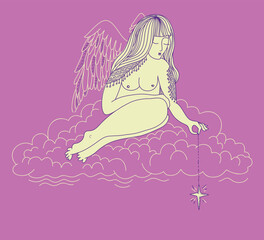 Woman angel with wings sitting on the blue cloud and holding sky magic star in her hand. Vector hand drawn lines style illustration isolated on white for print.
Romantic young naked woman illustration