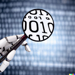 Robotic arm holding a magnifying glass over binary code