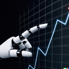 Bot trading concept, robotic arm pointing to a chart