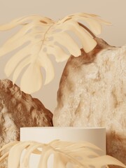 3d minimal display podium with beige monsteras and stones
