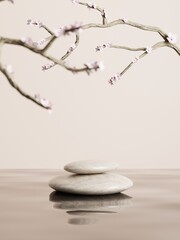 3d minimal pebble display podiums on water and plum flower