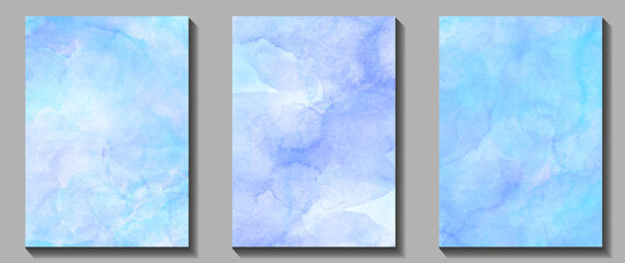 Blue watercolor vector art background set for cards, flyer, poster, banner and cover design. Hand drawn illustration for design. Place for text. Winter watercolour texture. Christmas backdrop.