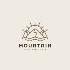 Mountain and Sun Rays, Mount Peak Hill Nature Landscape view for Adventure Outdoor logo template