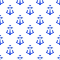 Small blue ship anchors isolated on white background. Monochrome marine seamless pattern. Vector simple flat graphic illustration. Texture.