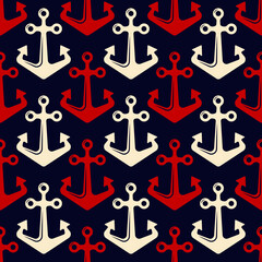 Small red-beige ship anchors isolated on a dark blue background. Cute marine seamless pattern. Vector simple flat graphic illustration. Texture.