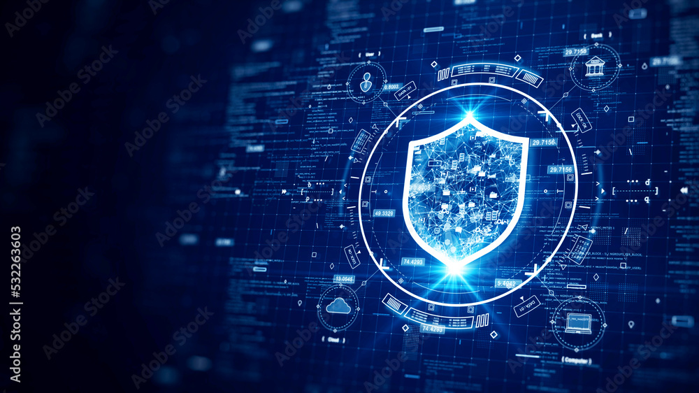 Poster cybersecurity data protection digital technology concept internet network connection. Icons and polygons are connected inside the prominent shield on the right. binary code on dark blue background.