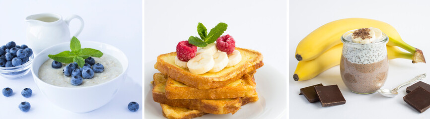 Collage of different breakfasts on the white background. Close-up.