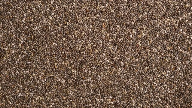 Chia Seeds Wallpaper. Raw Chia Seeds Rotating on Turntable. Close Up, Top View, Macro. Superfood. Spinning. Full Frame. Food Background. Shiny textured White, Gray and Brown Chia. Paleo Diet Concept.