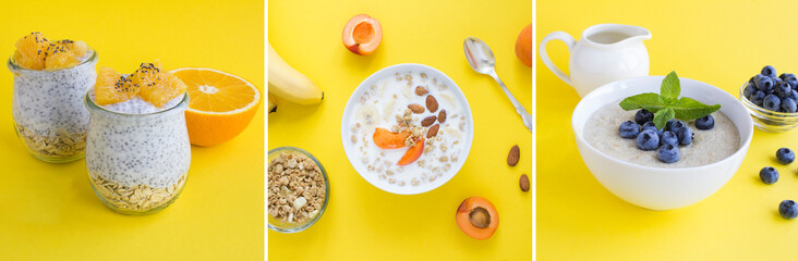 Collage of different breakfasts on the yellow background. Close-up.