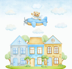 Watercolor teddy bear pilot, bear on plane, teddy bear flying. Watercolor houses