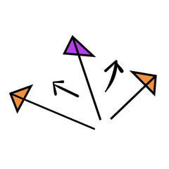 Arrow doodle illustration. Black line art icon with purple and orange color on white background.