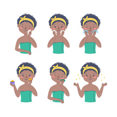 Girl skin care face. Cleansing and gua sha massage. Vector set. Cute woman illustration isolated on white background