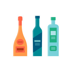 Set bottles of champagne vodka gin. Icon bottle with cap and label. Great design for any purposes. Flat style. Color form. Party drink concept. Simple image shape