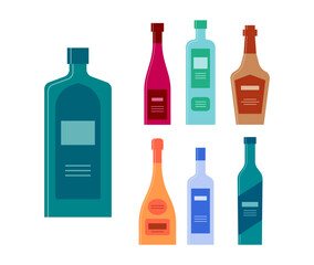 Set bottles of gin wine cream whiskey champagne vodka tequila. Icon bottle with cap and label. Graphic design for any purposes. Flat style. Color form. Party drink concept. Simple image shape