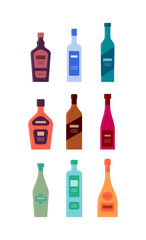 Set bottles of liquor vodka gin rum whiskey wine vermouth schnapps champagne tequila. Icon bottle with cap and label. Graphic design for any purposes. Flat style. Color form. Party drink concept.