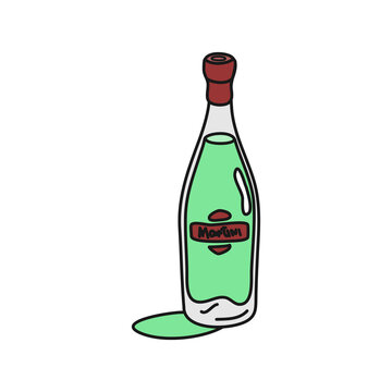 Martini glass bottle outline icon on white background. Colored cartoon sketch graphic design. Doodle style. Hand drawn image. Party drinks concept. Freehand drawing style