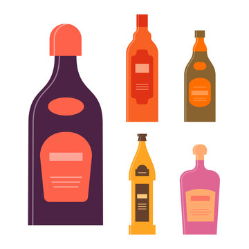 Set bottles of liquor rum balsam beer cream. Icon bottle with cap and label. Graphic design for any purposes. Flat style. Color form. Party drink concept. Simple image shape