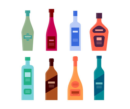Set bottles of vermouth wine vodka rum gin balsam champagne schnapps. Icon bottle with cap and label. Graphic design for any purposes. Flat style. Color form. Party drink concept. Simple image shape