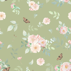 Watercolor vintage seamless pattern, peony and roses