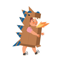 Happy Little Boy in Homemade Cardboard Fire Breathing Dragon Costume Playing and Having Fun Vector Illustration