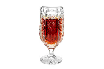 Glass ruby sweet wine retro design, Marsala wine in goblet glass decorated with engravings isolated on white, clipping path