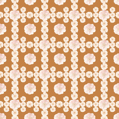 Retro seamless pattern with flowers, orange, green background, 70s style
