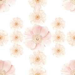Watercolor seamless pattern with pink flowers, white background for fabric, cards, wallpaper