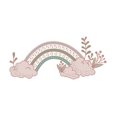 Abstract decorative rainbow and clouds in trendy scandinavian style. Vector illustration. Boho pastel arc.
