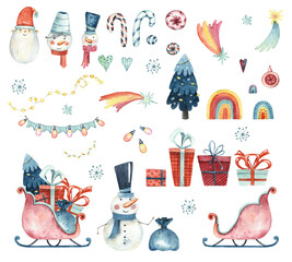 Christmas set background with Santa's sleigh, snow-covered trees, stars, candies, snowmen and snowflakes in cartoon style. New Year, Christmas, winter watercolor illustration. 