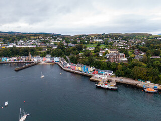 Fototapeta na wymiar Aerial view on the Tobermory, UK now the main town on Mull island at the cloudy weather