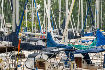 Close up of masts and spars on yachts moored at Ashbridges Bay in Toronto's Beaches neighbourhood. ...