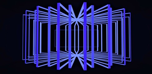 Geometric abstraction. A spatial figure formed by turning a blue rectangular frame around its axis in a dark space. 3d render.