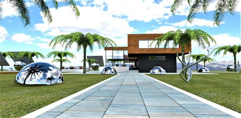 Metal installations along the sides of a concrete slab-paved walkway within a wonderful contemporary style estate. 3d render.