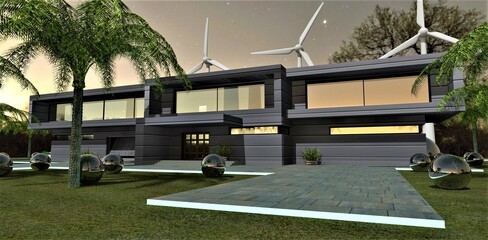 Night view of the entrance to the house designed according to a futuristic project. Wind generators and multifunctional balls that collect the energy of the sun and perform the function of decor.