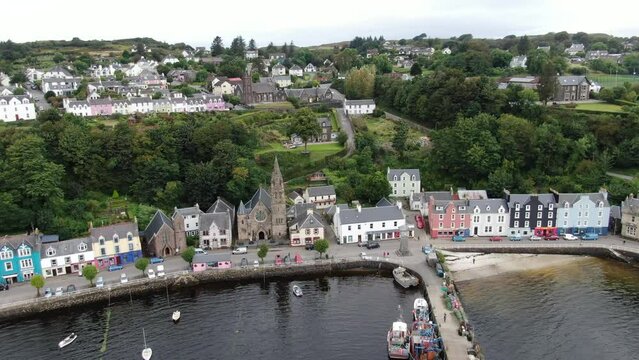 Aerial view on the Tobermory, UK now the main town on Mull island at the cloudy weather
