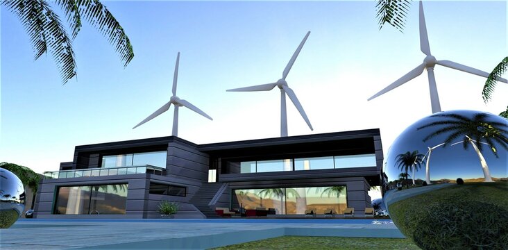 Modern silent wind turbines provide energy to a stylish country estate. The amount of electricity generated allows it to be sold to neighboring households. 3d render.
