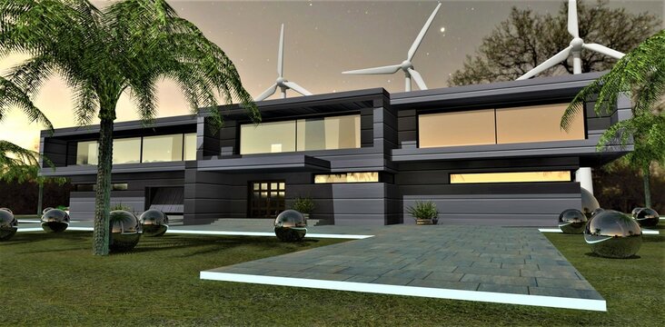 Night view of the entrance to the house designed according to a futuristic project. Wind generators and multifunctional balls that collect the energy of the sun and perform the function of decor.