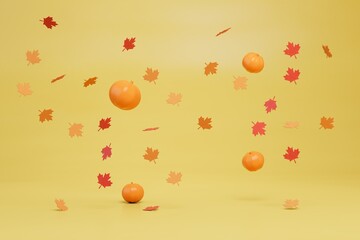 an abstract background consisting of flying pumpkins and leaves on a yellow background. 3D render