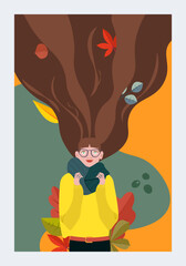 A beautiful girl in a scarf and glasses against the background of falling leaves of maple, oak, aspen. The concept of enjoying a cozy autumn. Autumn postcard. Vector illustration in flat style