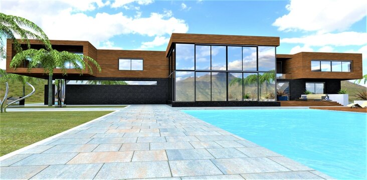 Cobbled path of square concrete slabs between the pool and the lawn in front of a stylish country house finished with black tiles and facade board. 3d render.